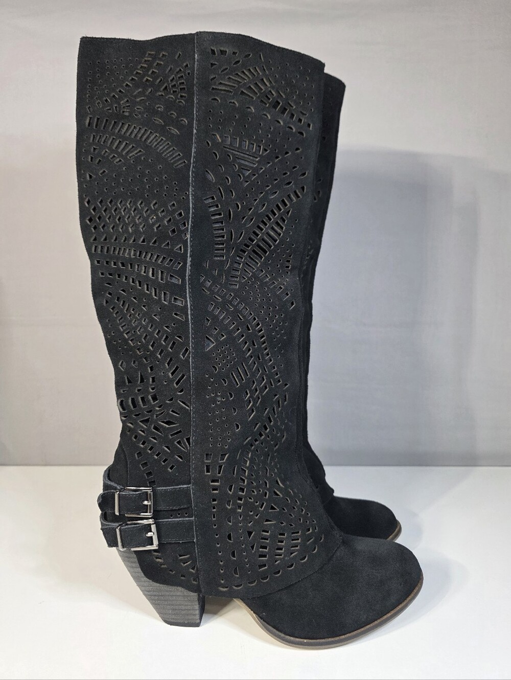 Lulus Naughty Monkey Fast Times Black Suede Leather Laser-Cut Boots